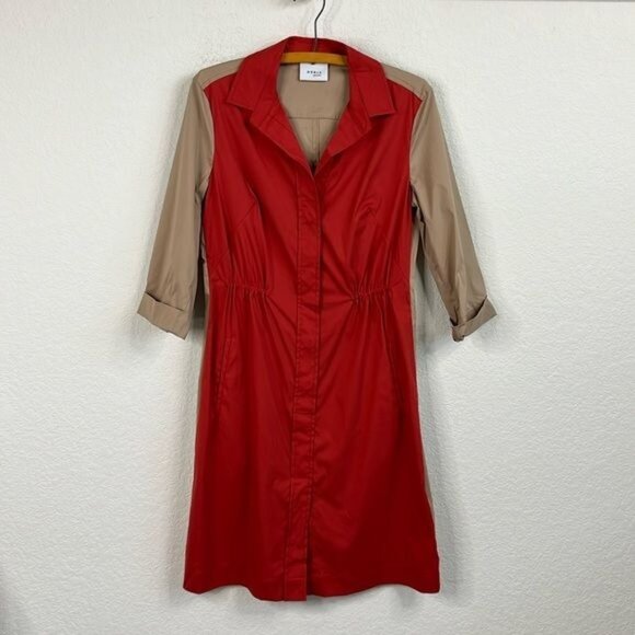 Akris Punto Trench Dress Pockets Colorblocked Cinched Waist Midi Shirt Dress